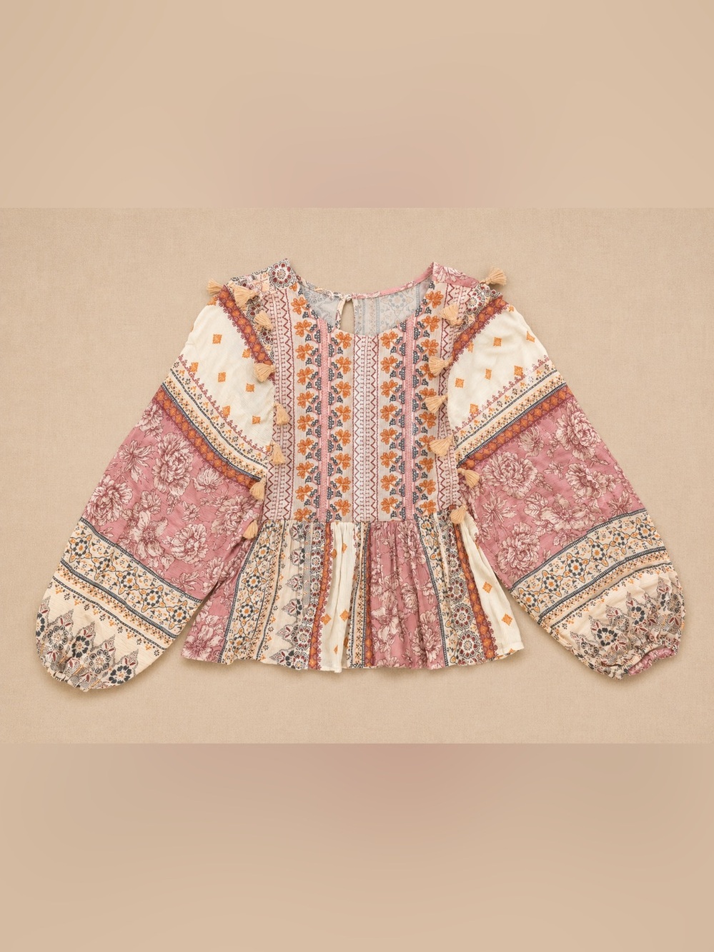 American Eagle Boho Patchwork Tassel Peplum Blouse | Women’s XS